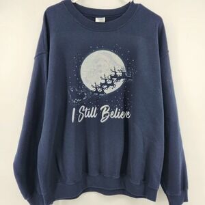 Gildan Heavy Blend Navy Blue I Still Believe Santa Reindeer Sweatshirt Large